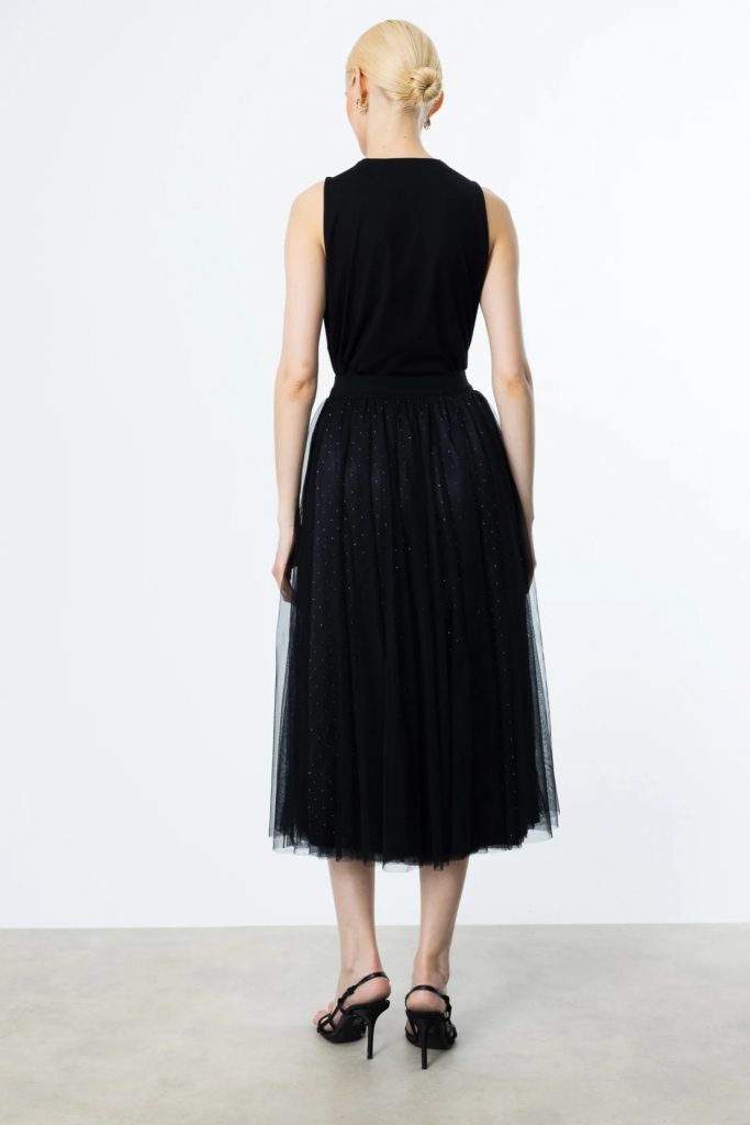 EKOL Kendinden Desenli Tül Etek 1526 - Lacivert