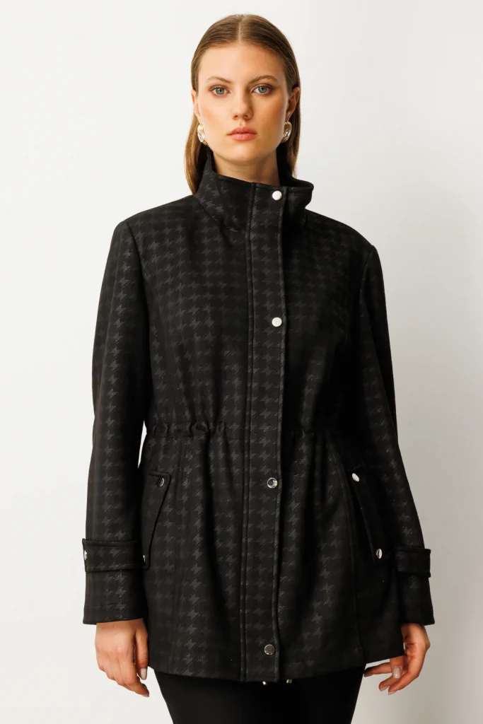 EKOL Beli Lastikli Kazayağı Desenli Trenç 7541