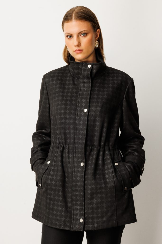 EKOL Beli Lastikli Kazayağı Desenli Trenç 7541