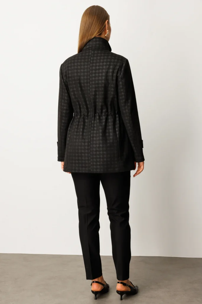 EKOL Beli Lastikli Kazayağı Desenli Trenç 7541 - Siyah