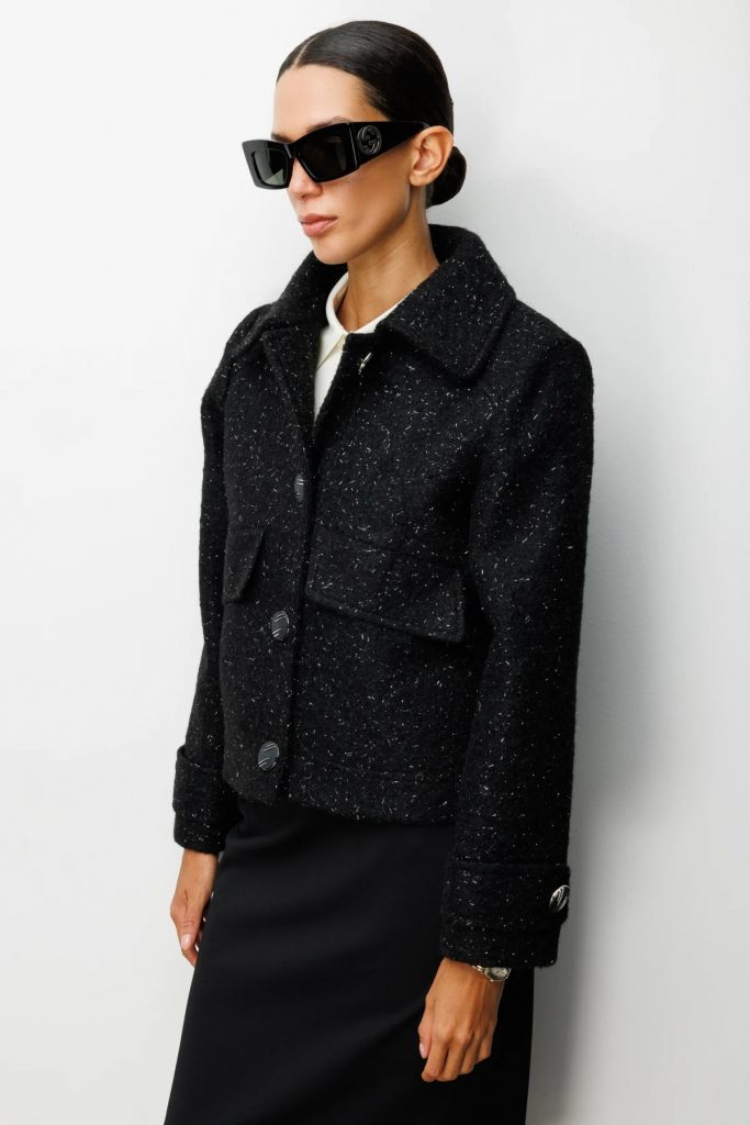 EKOL Süs Kapak Cepli Simli Mont 6089 - Siyah