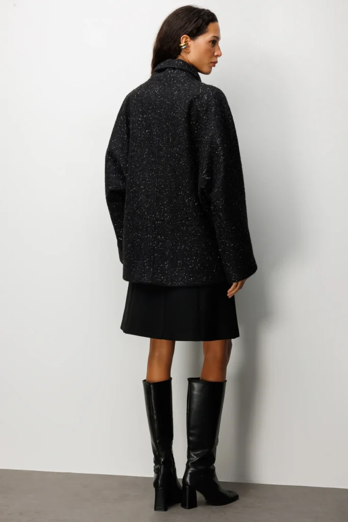 EKOL Yarasa Kol Simli Kaşe Kaban 6091 - Siyah