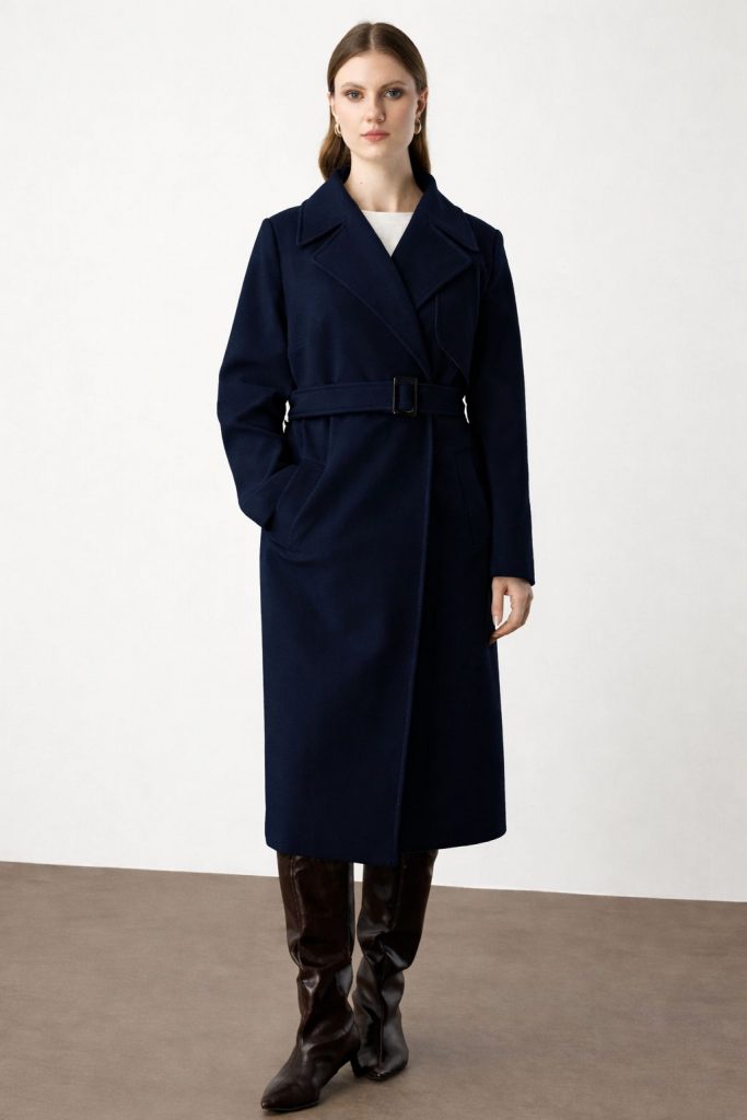 EKOL Beli Kemerli Kaşe Kaban 6303 - Lacivert