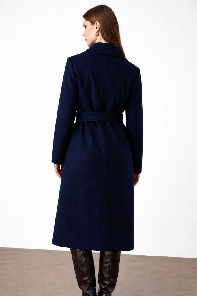 EKOL Beli Kemerli Kaşe Kaban 6303 - Lacivert