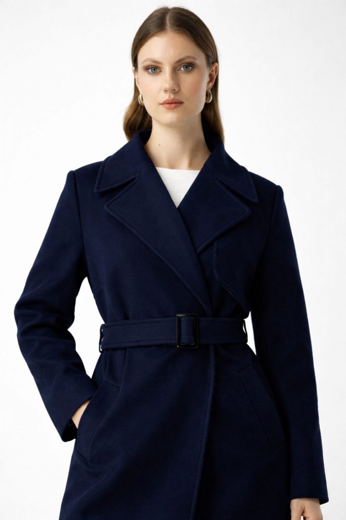 EKOL Beli Kemerli Kaşe Kaban 6303 - Lacivert