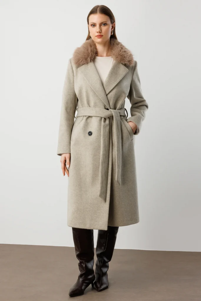 EKOL Yakası Kürklü Beli Kuşaklı Kaban 6311