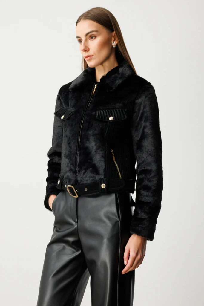 EKOL Beli Kemerli Mix Kumaş Mont 6605