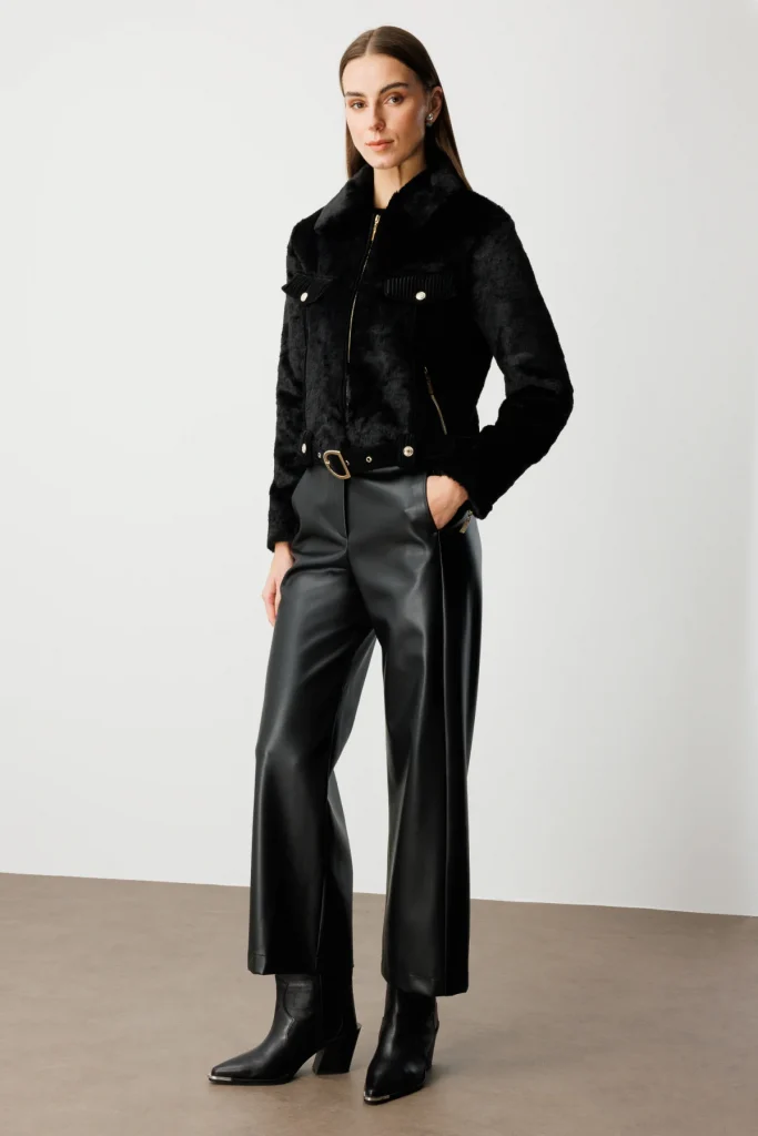 EKOL Beli Kemerli Mix Kumaş Mont 6605