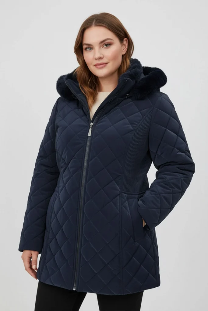 EKOL Yakası Kürklü Kapitone Şişme Kaban  6817 - Lacivert