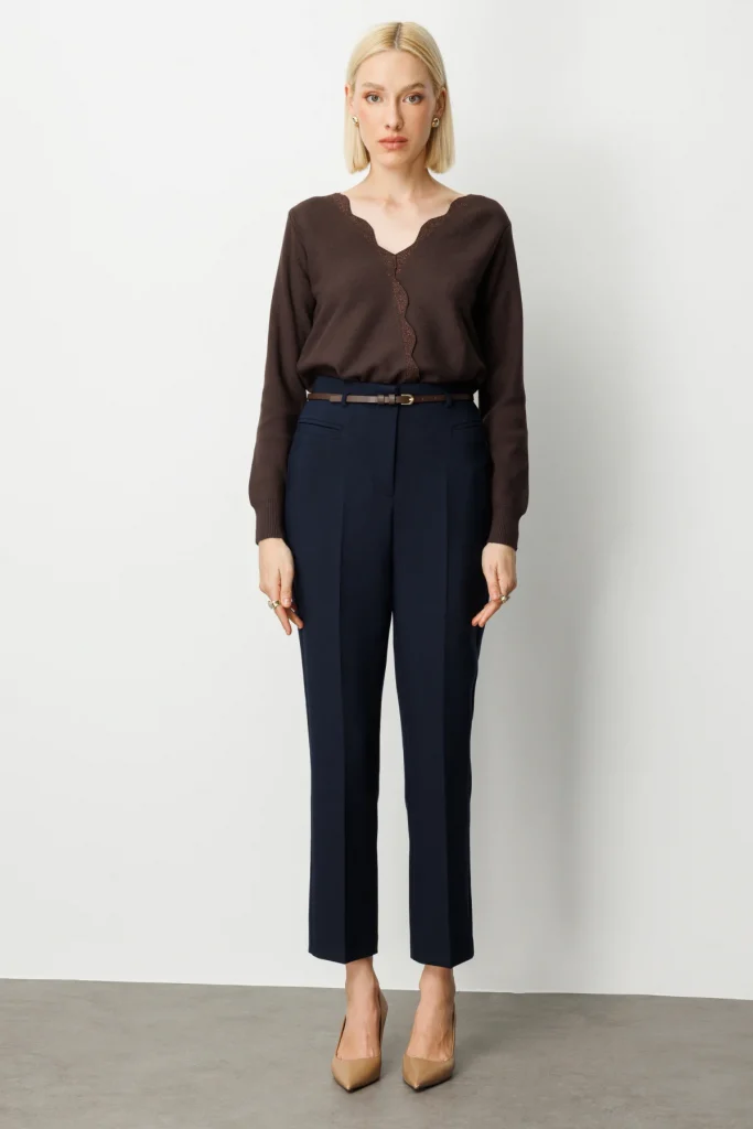 EKOL Beli Kemerli Boru Paça Pantolon 1001 - Lacivert