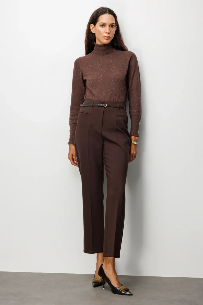 EKOL Beli Kemerli Boru Paça Pantolon 1001 - kahve