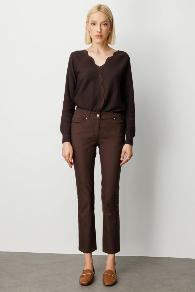 EKOL Yüksek Bel Dar Paça Pantolon 1061 - kahve