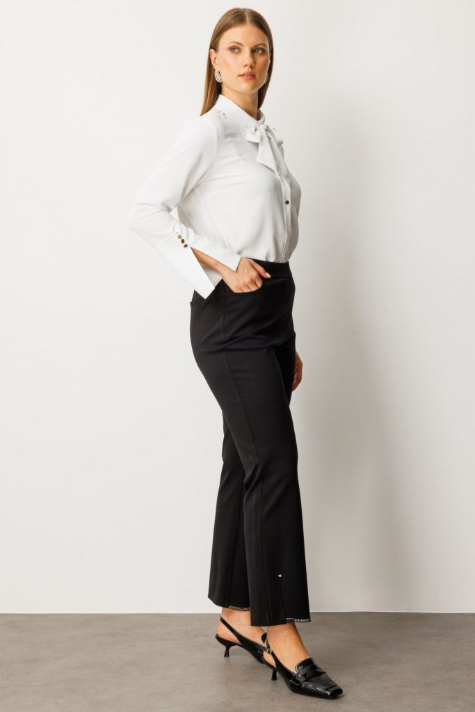 EKOL Paçası Taşlı Dantelli Pantolon 1091 - Siyah