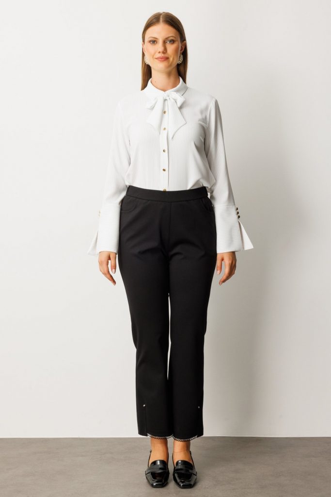 EKOL Paçası Taşlı Dantelli Pantolon 1091 - Siyah