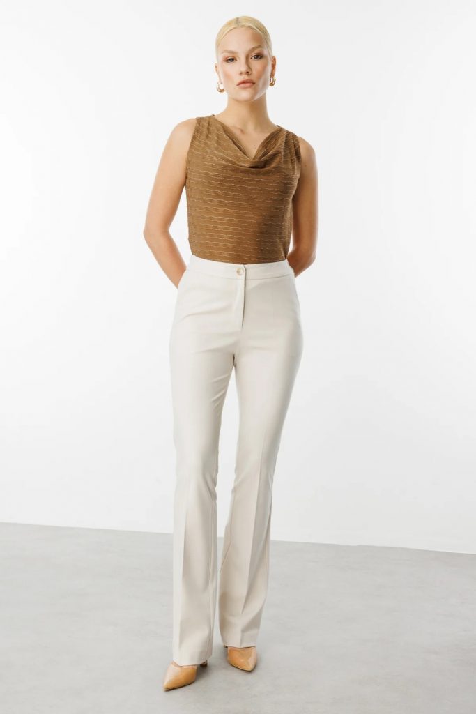 EKOL  Beli Lastikli Bol Paça Pantolon 2074 - EKRU