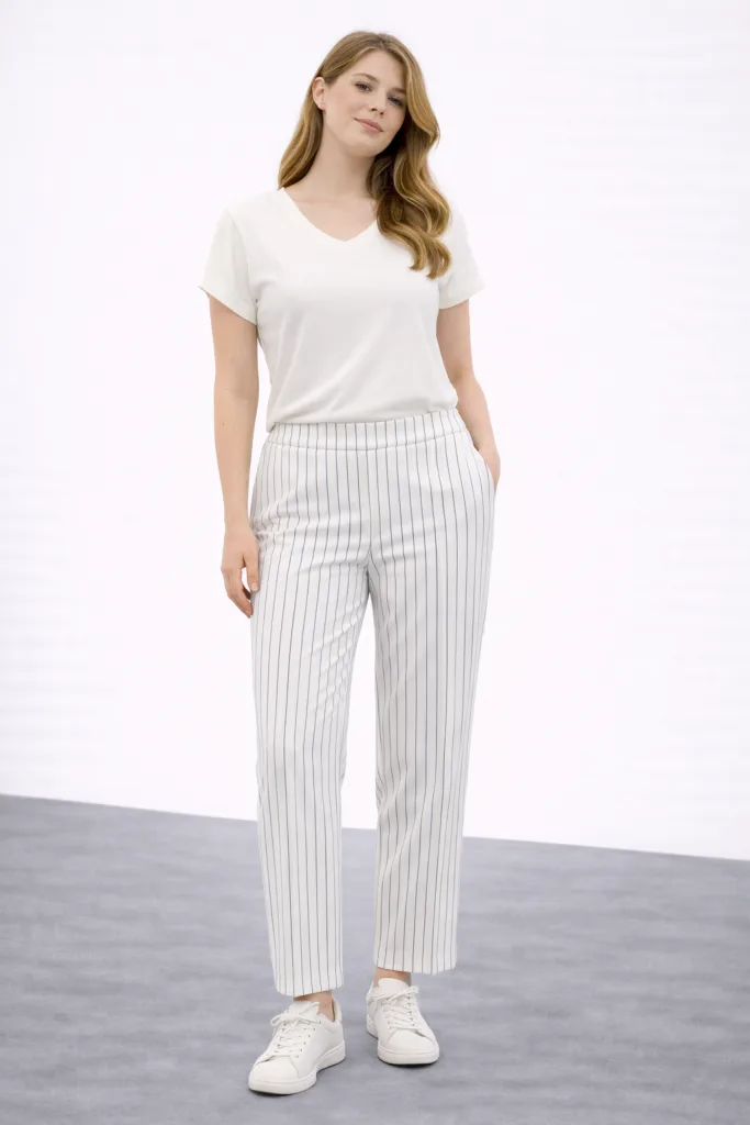 EKOL Çizgili Kadın Pantolon 5010 - EKRU