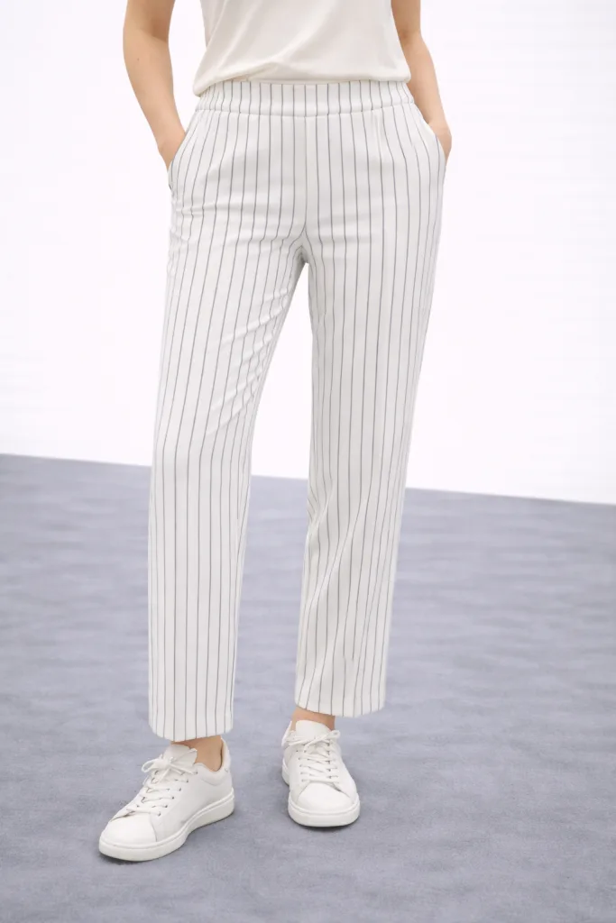 EKOL Çizgili Kadın Pantolon 5010 - EKRU