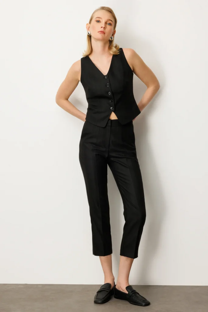 EKOL Düz Kesim Çizgili Pantolon 5125 - Siyah