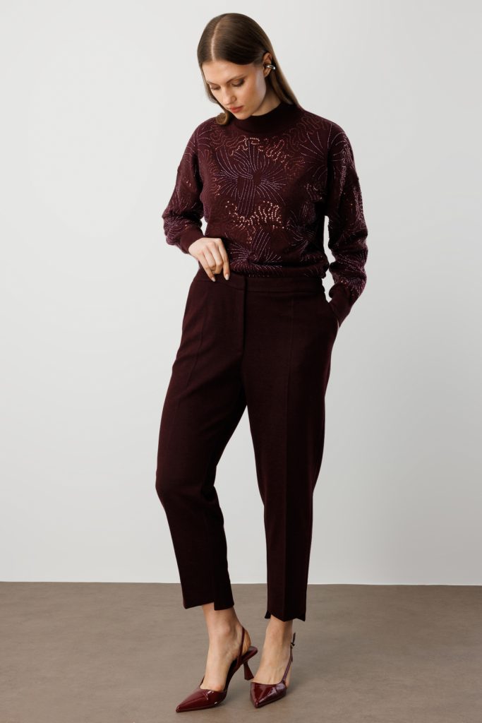 EKOL Beli Lastikli Yan Cepli Pantolon 5595 - bordo