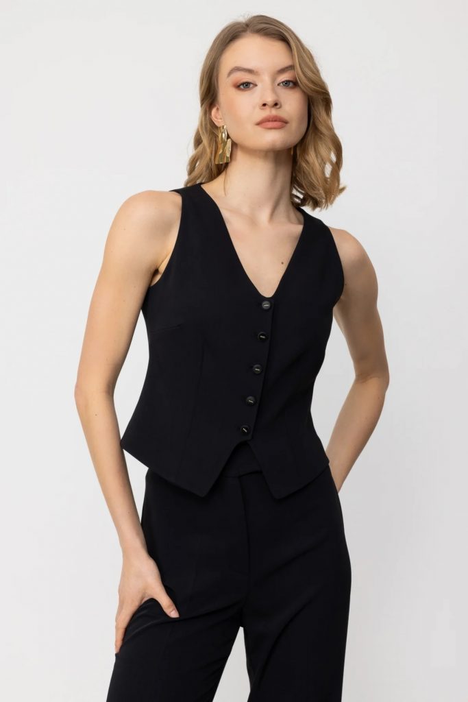 EKOL V Yaka Düğmeli Kadın Yelek 5038 - Siyah