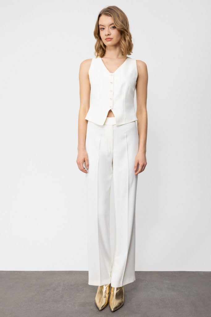 EKOL V Yaka Düğmeli Kadın Yelek 5038 - EKRU