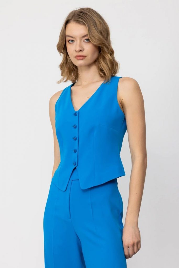 EKOL V Yaka Düğmeli Kadın Yelek 5038 - MAVİ