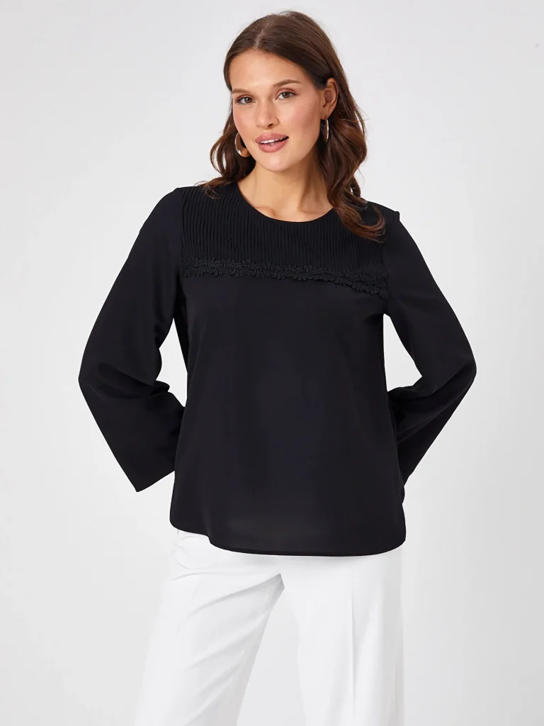 FAİK SÖNMEZ Nervür Ve Dantel Detaylı Yuvarlak Yaka Bluz 68152