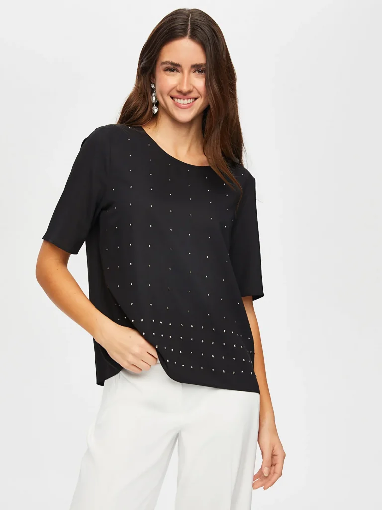 FAİK SÖNMEZ Yuvarlak Yaka Taş Detaylı Kısa Kol Bluz BLZ002