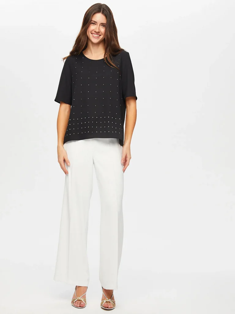 FAİK SÖNMEZ Yuvarlak Yaka Taş Detaylı Kısa Kol Bluz BLZ002