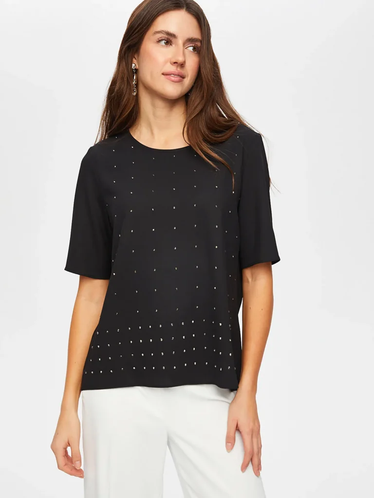 FAİK SÖNMEZ Yuvarlak Yaka Taş Detaylı Kısa Kol Bluz BLZ002