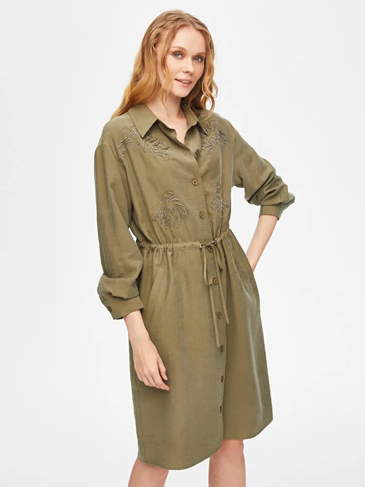 FAİK SÖNMEZ Boncuk Ve Zincir Nakış Detylı Liyoselli Elbise 69211 - HAKİ