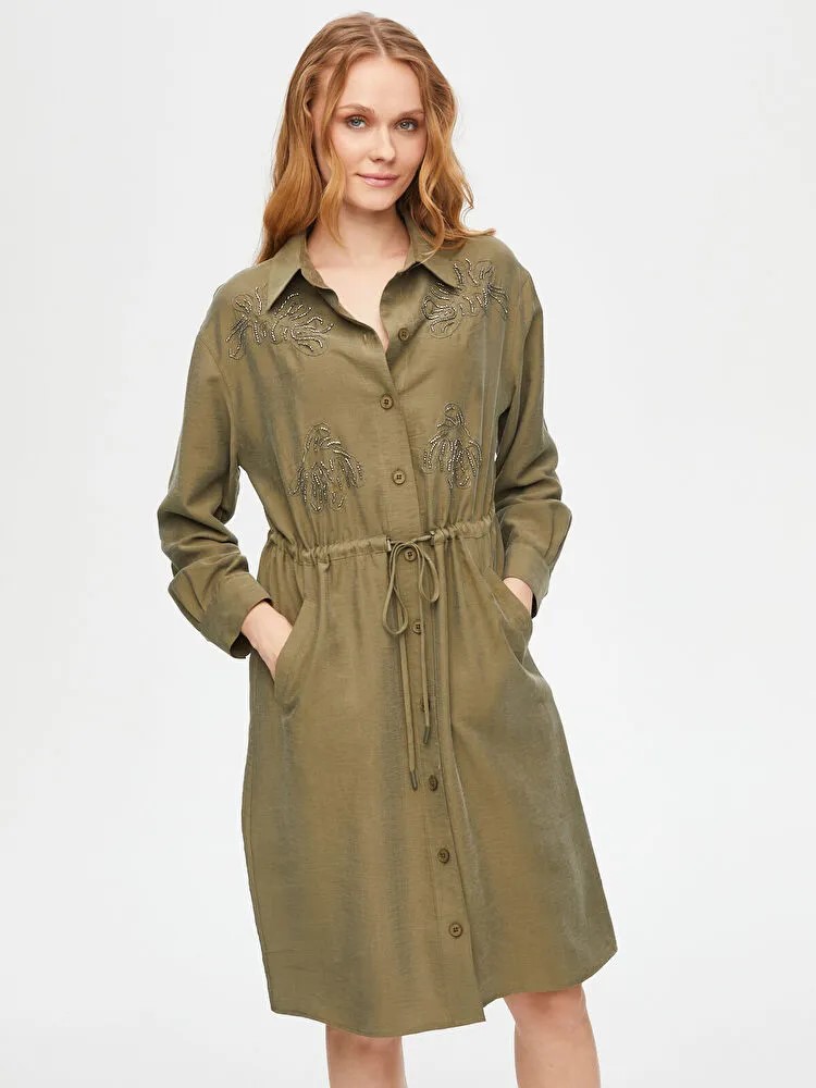 FAİK SÖNMEZ Boncuk Ve Zincir Nakış Detylı Liyoselli Elbise 69211 - HAKİ