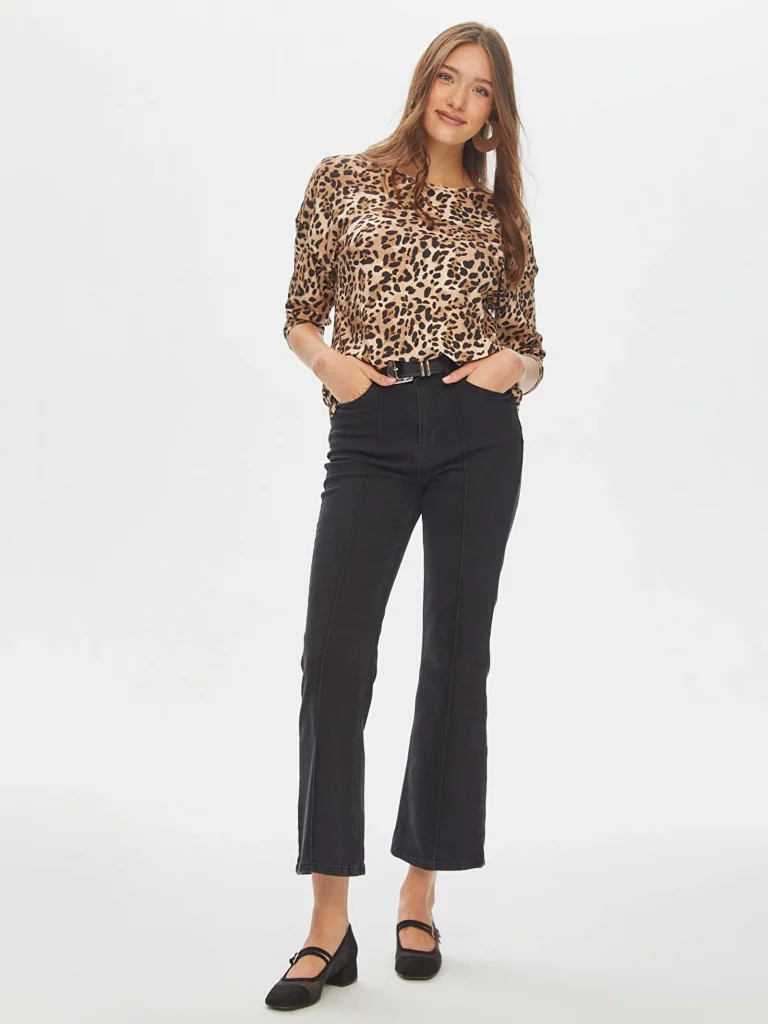 FAİK SÖNMEZLeopar Desen Yuvarlak Yaka Uzun Kol T-Shirt  69534 - camel