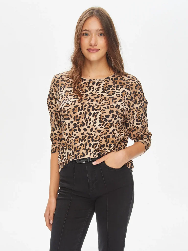 FAİK SÖNMEZLeopar Desen Yuvarlak Yaka Uzun Kol T-Shirt  69534 - camel