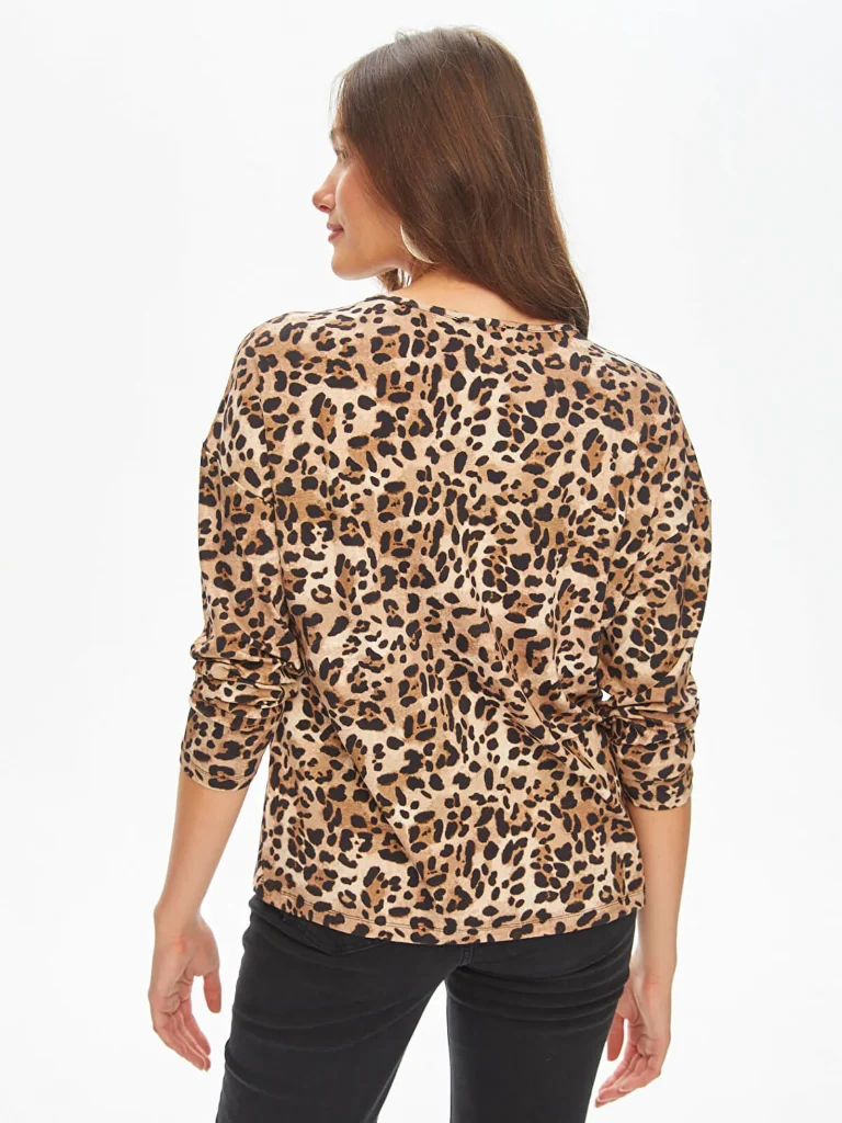 FAİK SÖNMEZLeopar Desen Yuvarlak Yaka Uzun Kol T-Shirt  69534 - camel