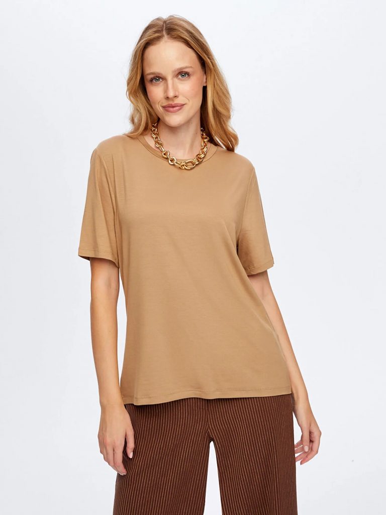 FAİK SÖNMEZ Yuvarlak Yaka Kısa Kol T-Shirt TSH009 - camel