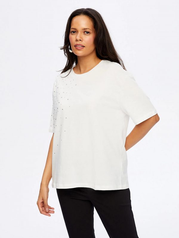 FAİK SÖNMEZ Taş Detaylı Yuvarlak Yaka Pamuklu T-shirt TSH051