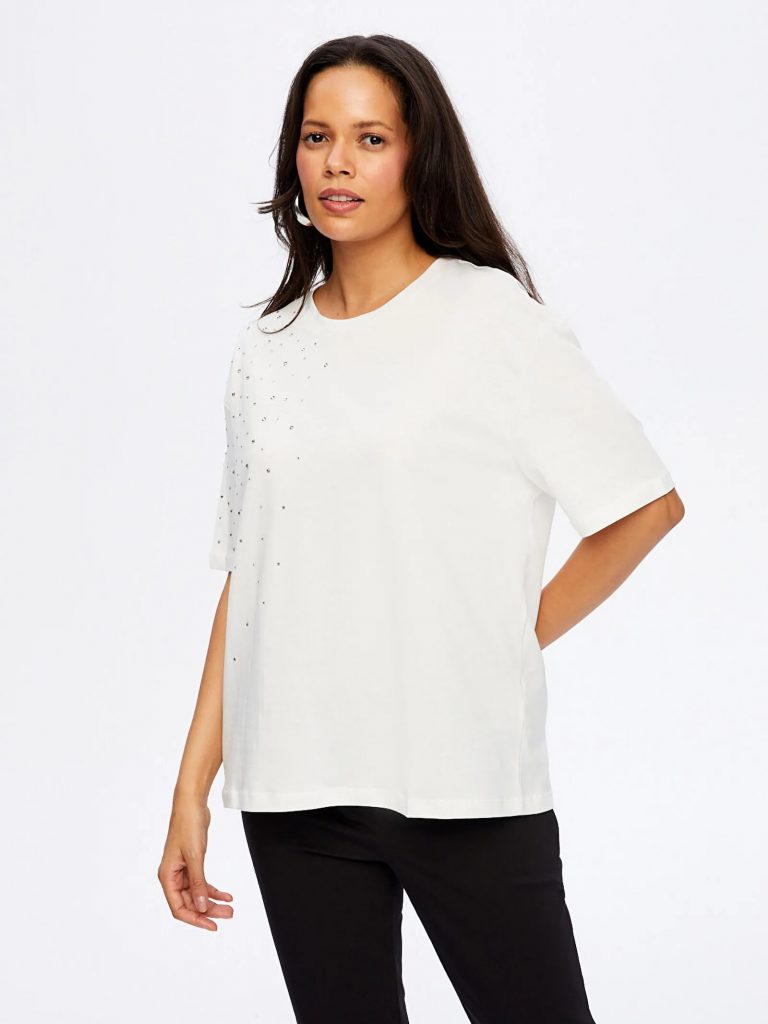 FAİK SÖNMEZ Taş Detaylı Yuvarlak Yaka Pamuklu T-shirt TSH051