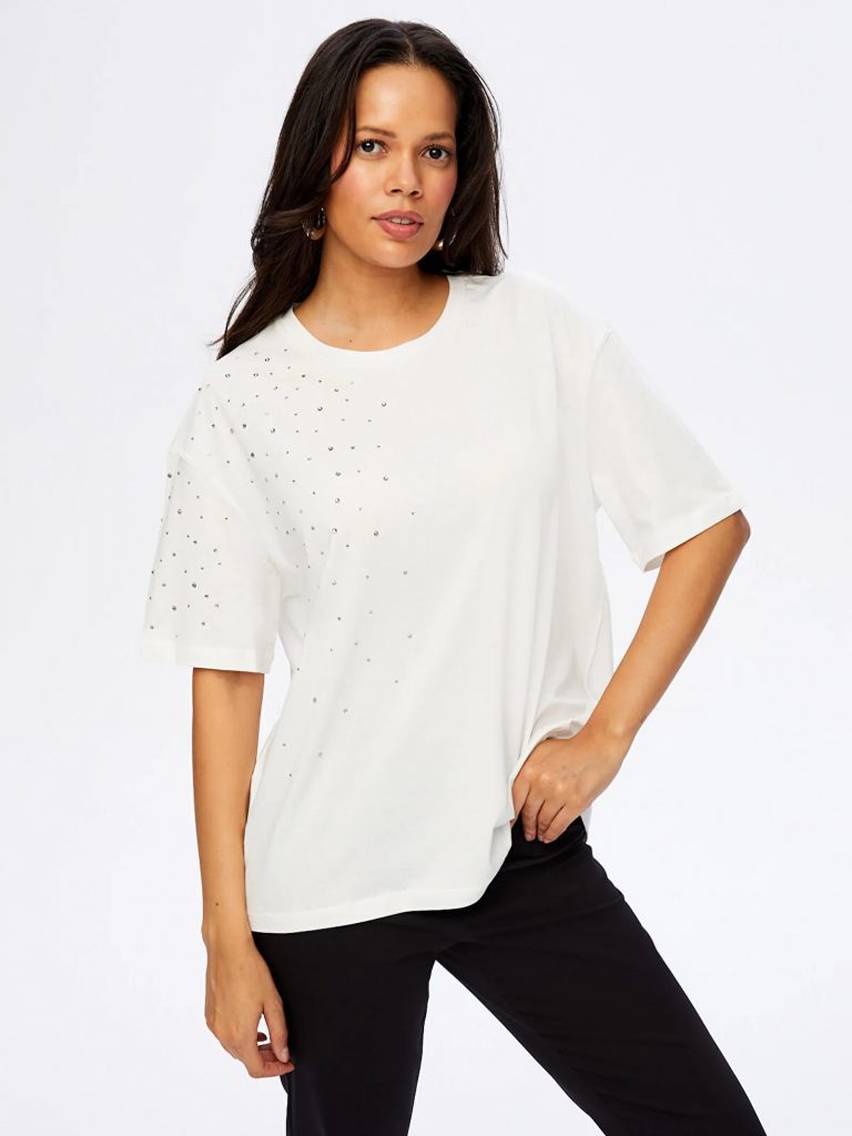 FAİK SÖNMEZ Taş Detaylı Yuvarlak Yaka Pamuklu T-shirt TSH051