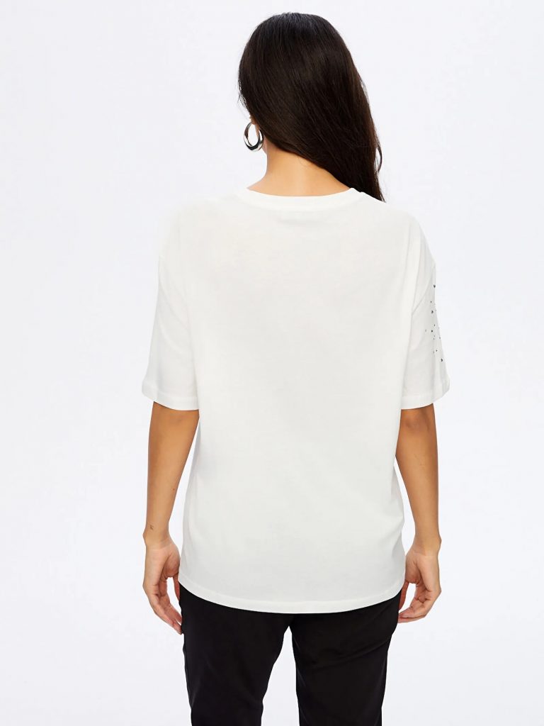 FAİK SÖNMEZ Taş Detaylı Yuvarlak Yaka Pamuklu T-shirt TSH051