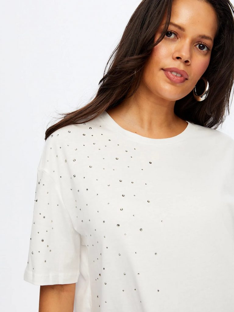 FAİK SÖNMEZ Taş Detaylı Yuvarlak Yaka Pamuklu T-shirt TSH051 - EKRU