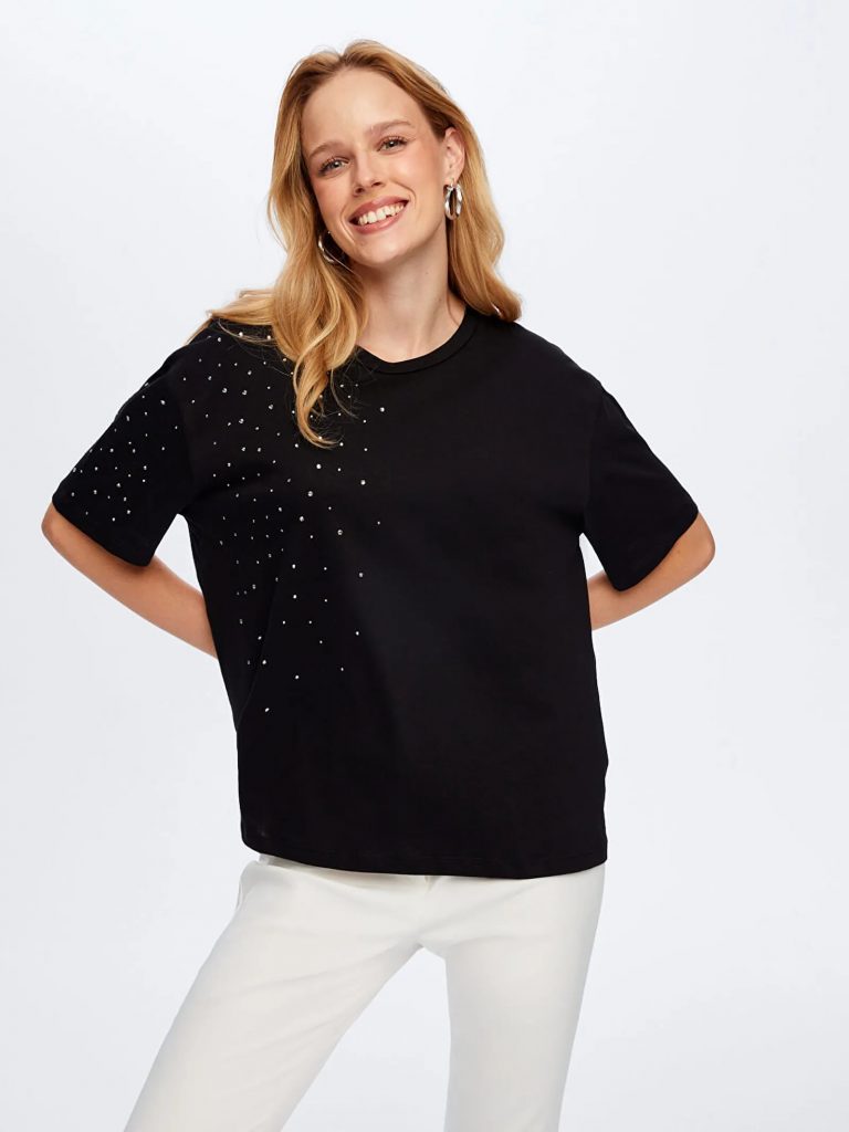 FAİK SÖNMEZ Taş Detaylı Yuvarlak Yaka Pamuklu T-shirt TSH051 - Siyah