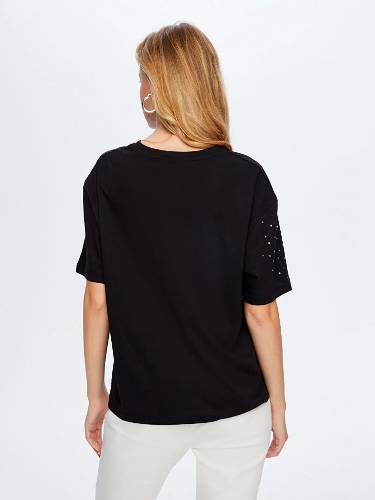 FAİK SÖNMEZ Taş Detaylı Yuvarlak Yaka Pamuklu T-shirt TSH051 - Siyah