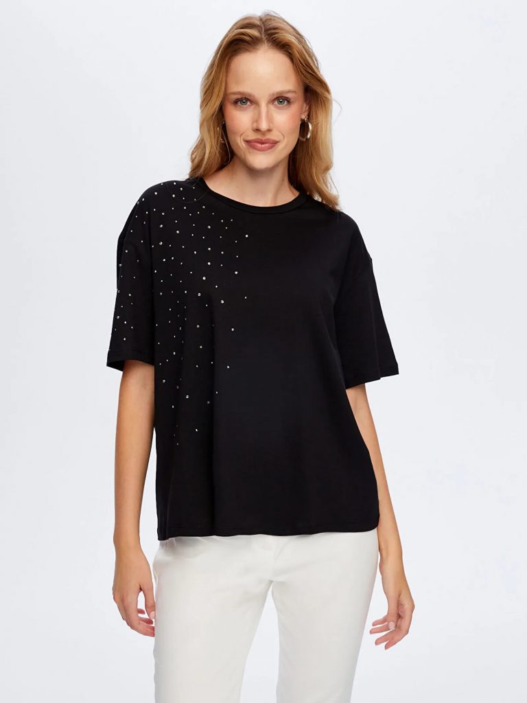 FAİK SÖNMEZ Taş Detaylı Yuvarlak Yaka Pamuklu T-shirt TSH051 - Siyah