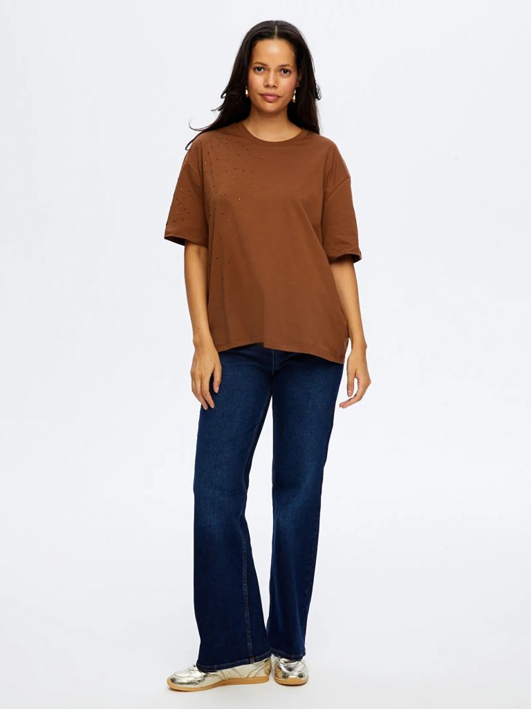 FAİK SÖNMEZ Taş Detaylı Yuvarlak Yaka Pamuklu T-shirt TSH051 - kahve