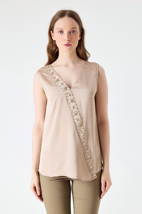 FEVER Taş İşleme Detaylı Saten Bluz 14058