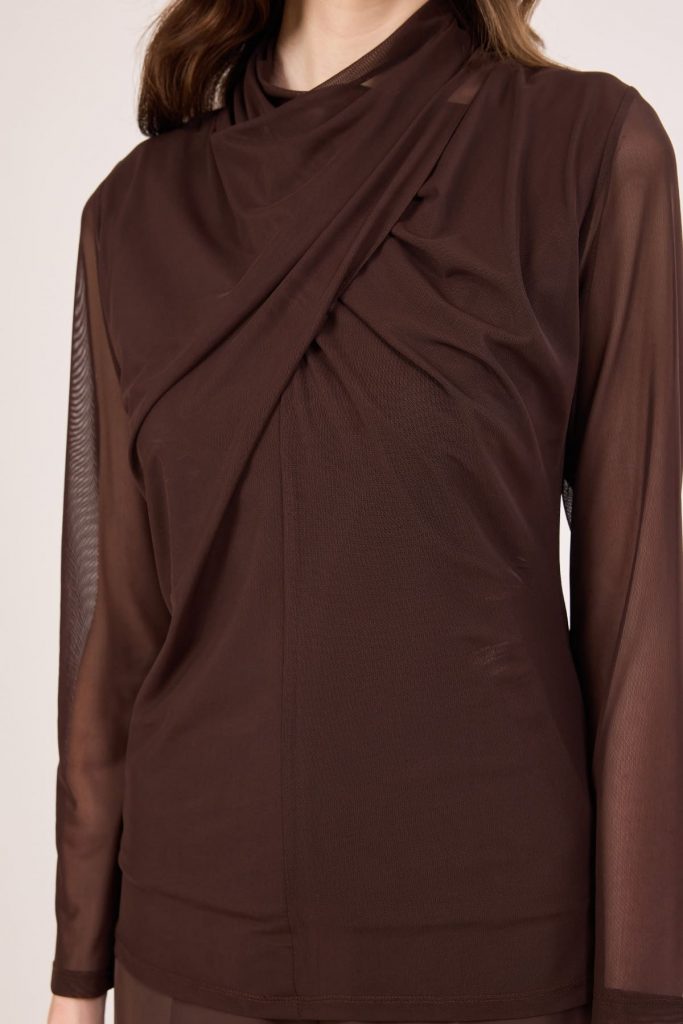 FEVER Yaka Detaylı Tül Bluz 4045 - kahve