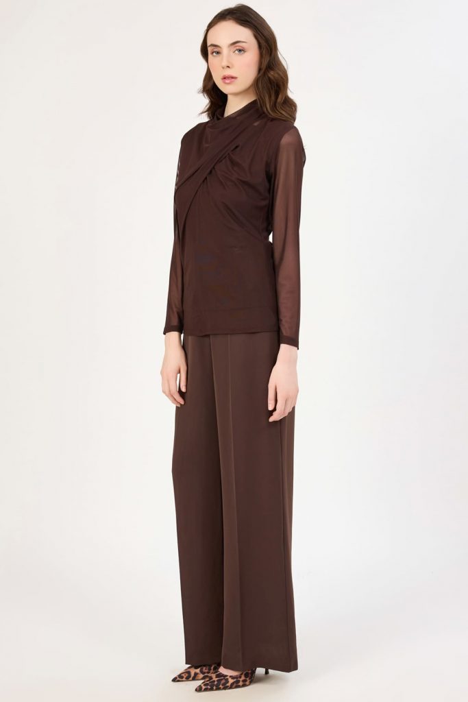 FEVER Yaka Detaylı Tül Bluz 4045 - kahve