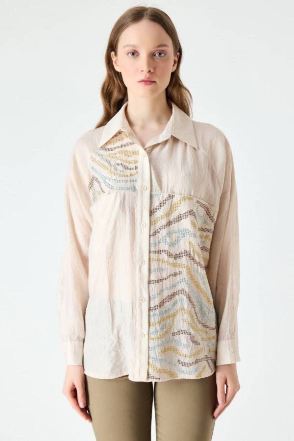 FEVER Kırışık Yüzeyli Tasarım Taşlı Gömlek 17027