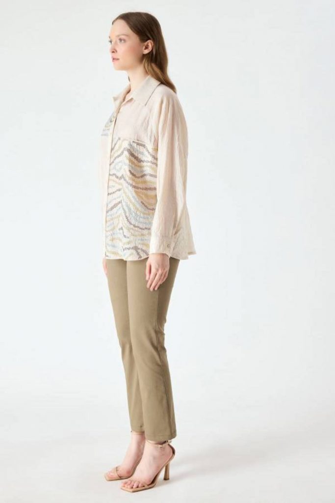 FEVER Kırışık Yüzeyli Tasarım Taşlı Gömlek 17027 - camel